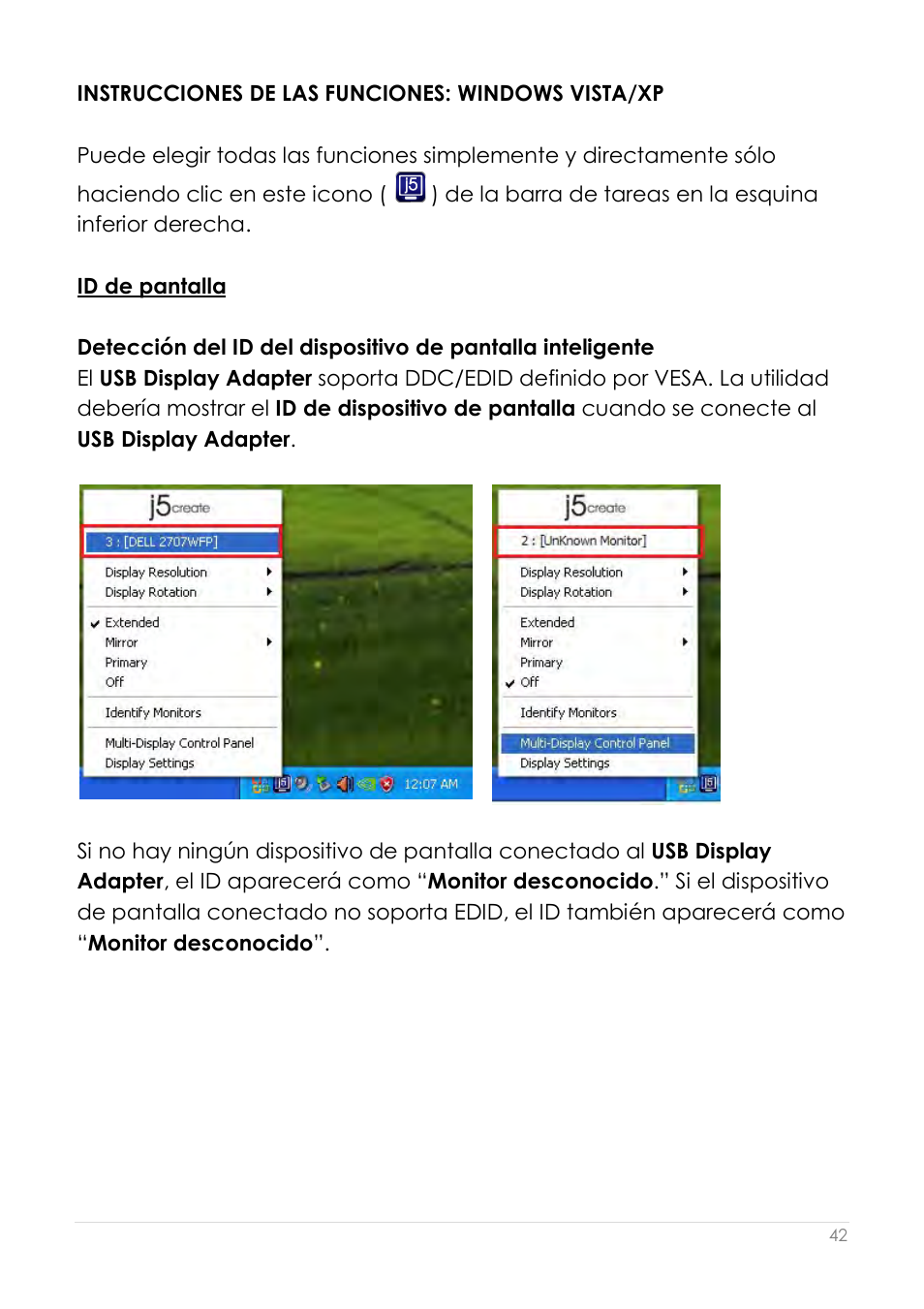 Instrucciones de las funciones: windows vista/xp, Id de pantalla | j5 create JUA210 - USB 2.0 VGA Display Adapter User Manual | Page 229 / 444
