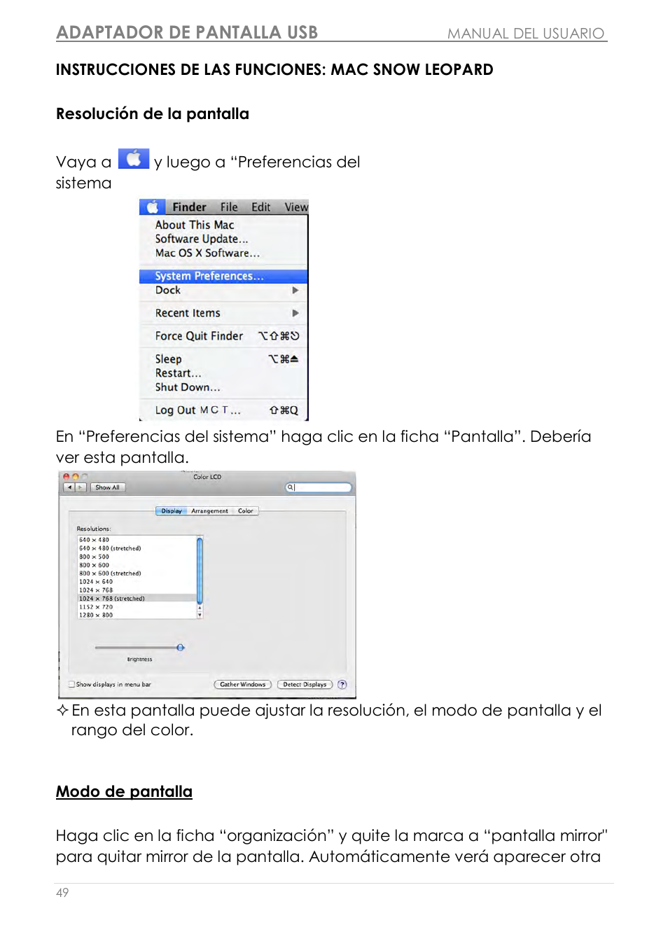 Instrucciones de las funciones: mac snow leopard, Resolución de la pantalla, Modo de pantalla | Adaptador de pantalla usb | j5 create JUA210 - USB 2.0 VGA Display Adapter User Manual | Page 236 / 444