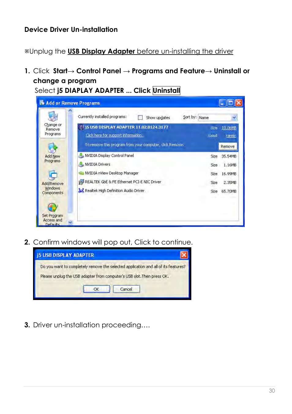 Device driver un-installation | j5 create JUA210 - USB 2.0 VGA Display Adapter User Manual | Page 31 / 444