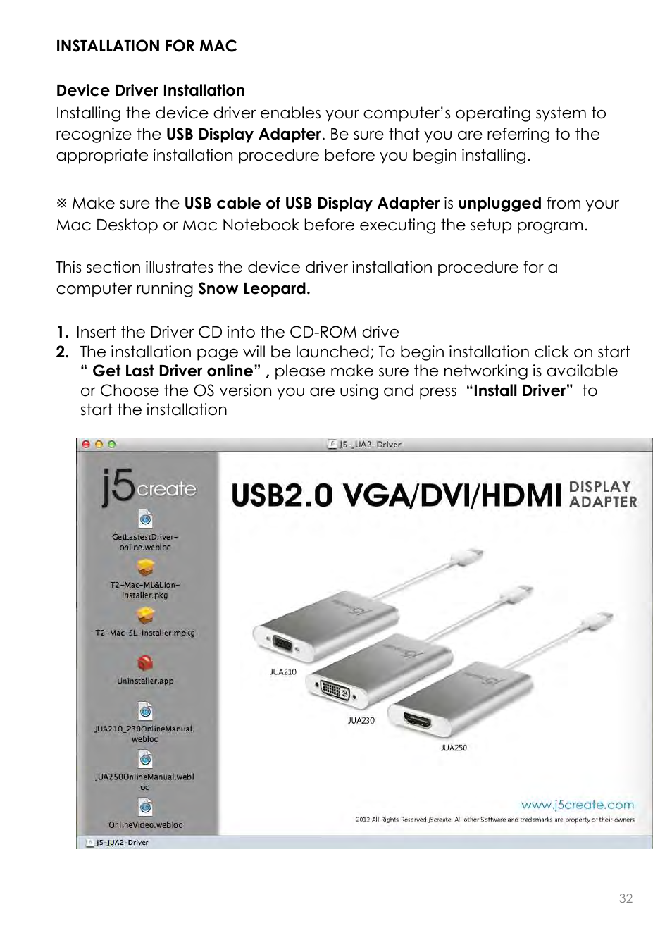 Installation for mac, Device driver installation | j5 create JUA210 - USB 2.0 VGA Display Adapter User Manual | Page 33 / 444