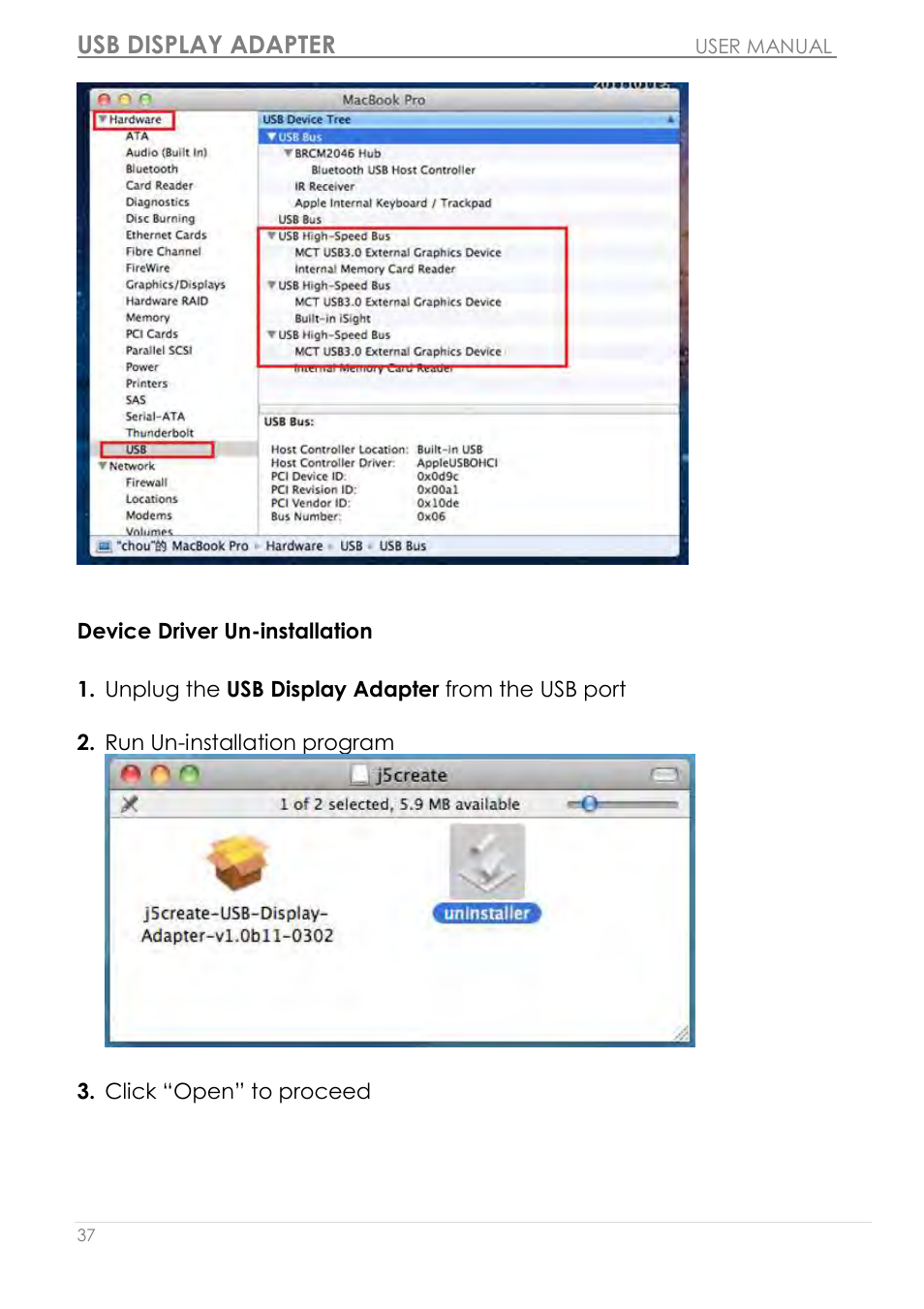 Device driver un-installation, Usb display adapter | j5 create JUA210 - USB 2.0 VGA Display Adapter User Manual | Page 38 / 444