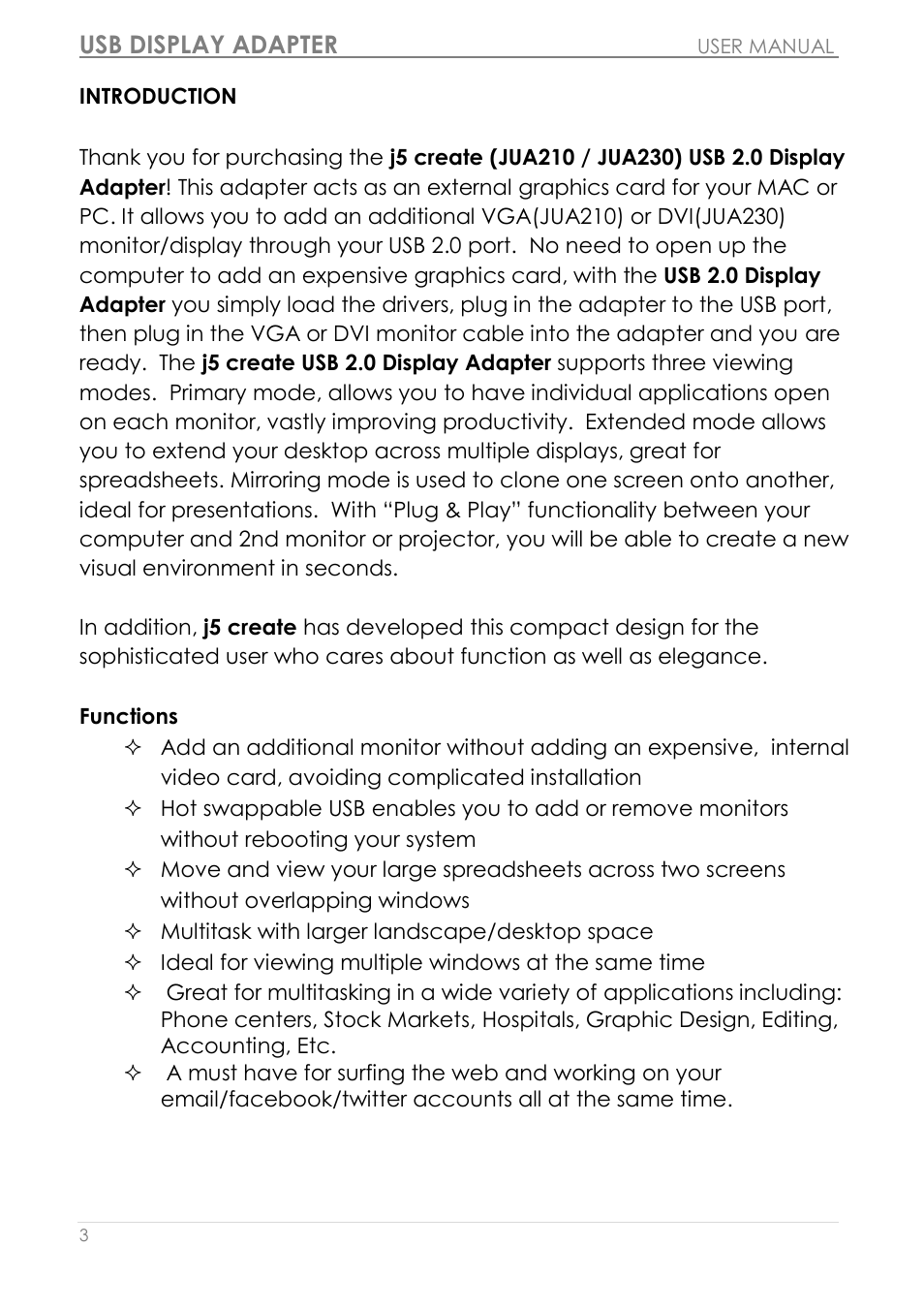 Introduction, Functions, Usb display adapter | j5 create JUA210 - USB 2.0 VGA Display Adapter User Manual | Page 4 / 444