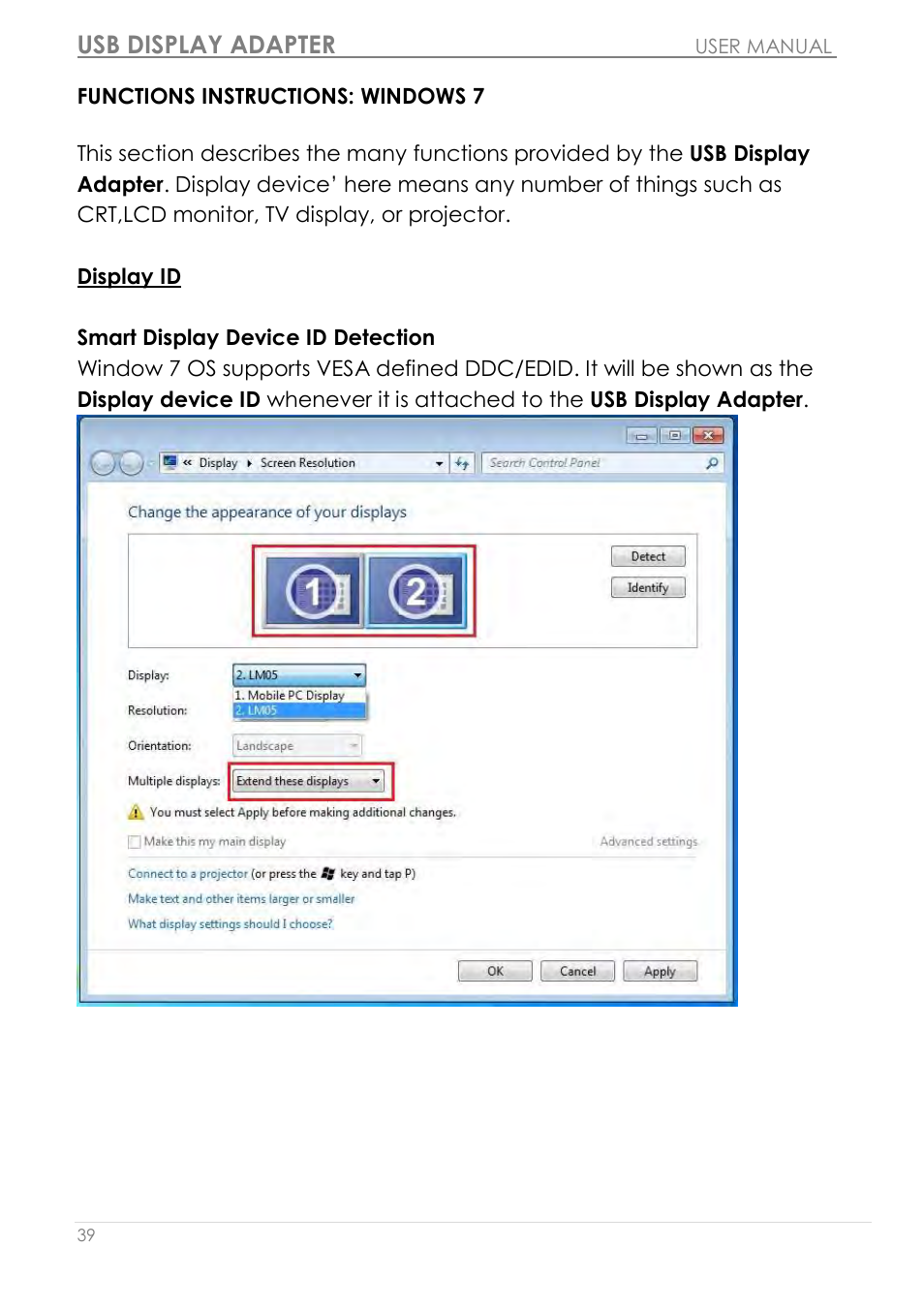 Functions instructions: windows 7, Display id, Usb display adapter | j5 create JUA210 - USB 2.0 VGA Display Adapter User Manual | Page 40 / 444
