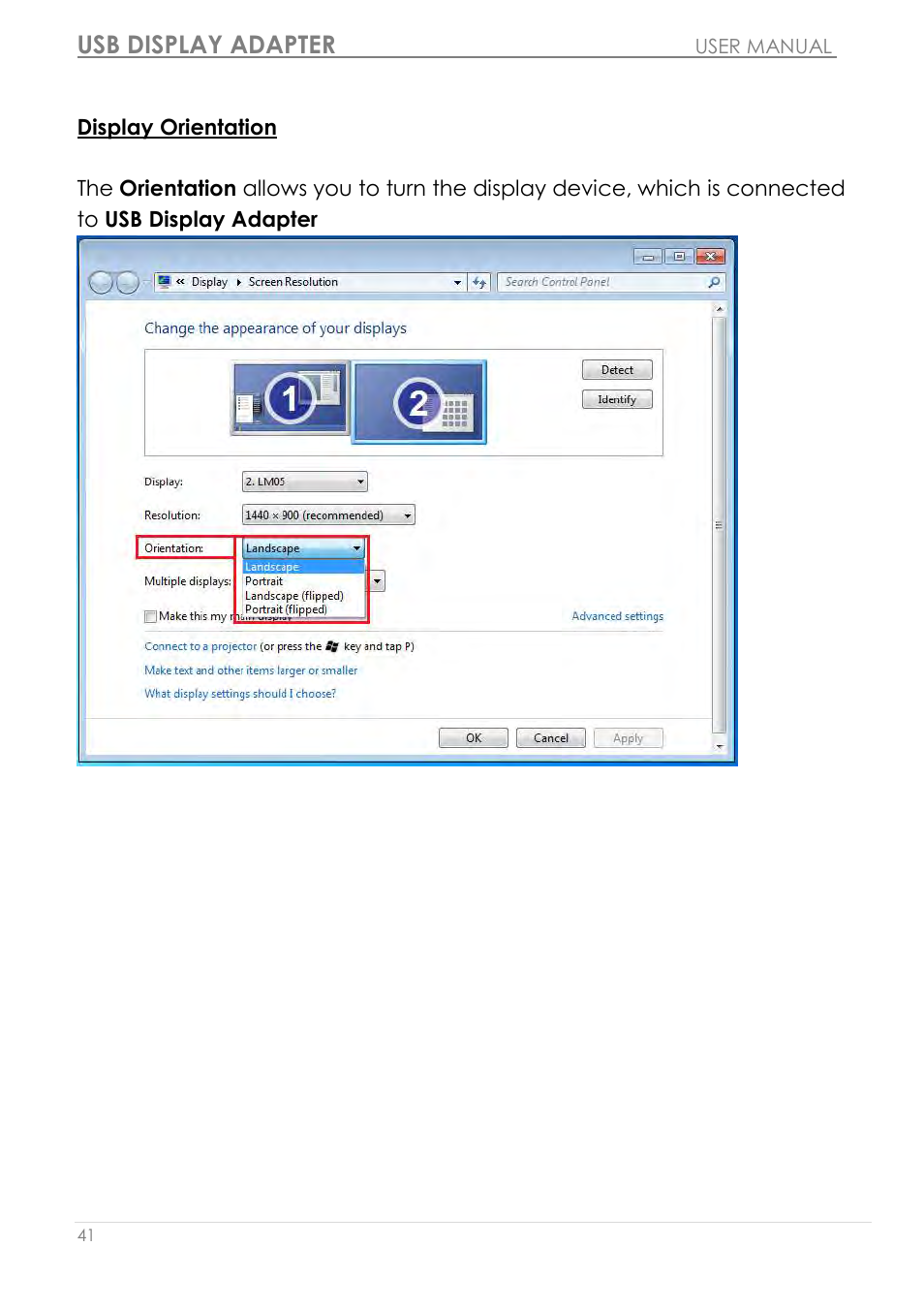 Display orientation, Usb display adapter | j5 create JUA210 - USB 2.0 VGA Display Adapter User Manual | Page 42 / 444