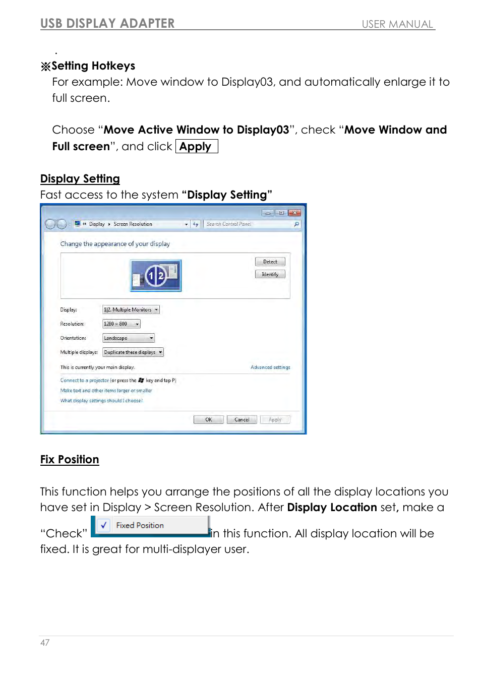 Display setting fix position, Usb display adapter | j5 create JUA210 - USB 2.0 VGA Display Adapter User Manual | Page 48 / 444