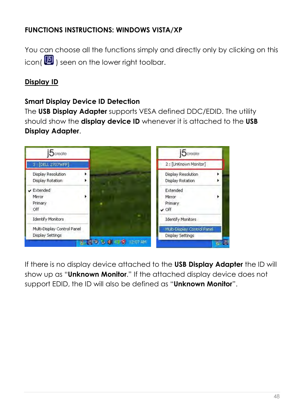 Functions instructions: windows vista/xp, Display id | j5 create JUA210 - USB 2.0 VGA Display Adapter User Manual | Page 49 / 444