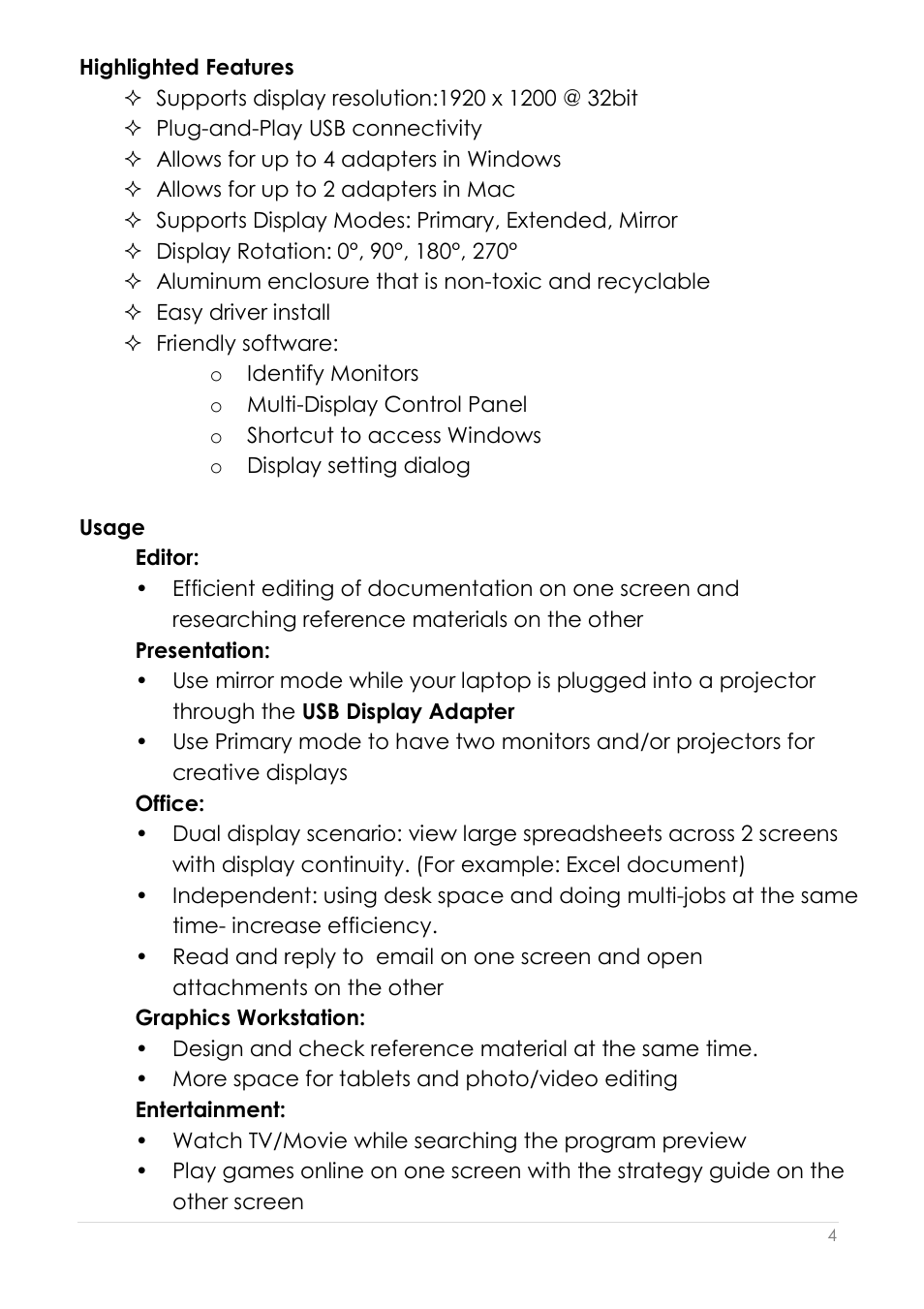 Highlighted features | j5 create JUA210 - USB 2.0 VGA Display Adapter User Manual | Page 5 / 444