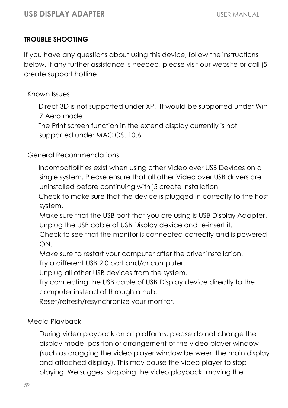 Trouble shooting, Usb display adapter | j5 create JUA210 - USB 2.0 VGA Display Adapter User Manual | Page 60 / 444