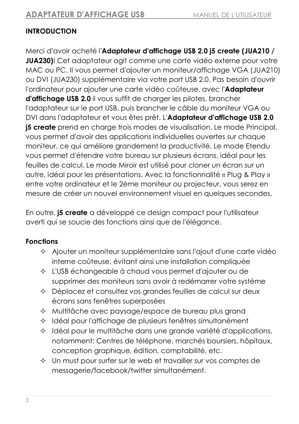 Introduction, Fonctions, Adaptateur d'affichage usb | j5 create JUA210 - USB 2.0 VGA Display Adapter User Manual | Page 68 / 444
