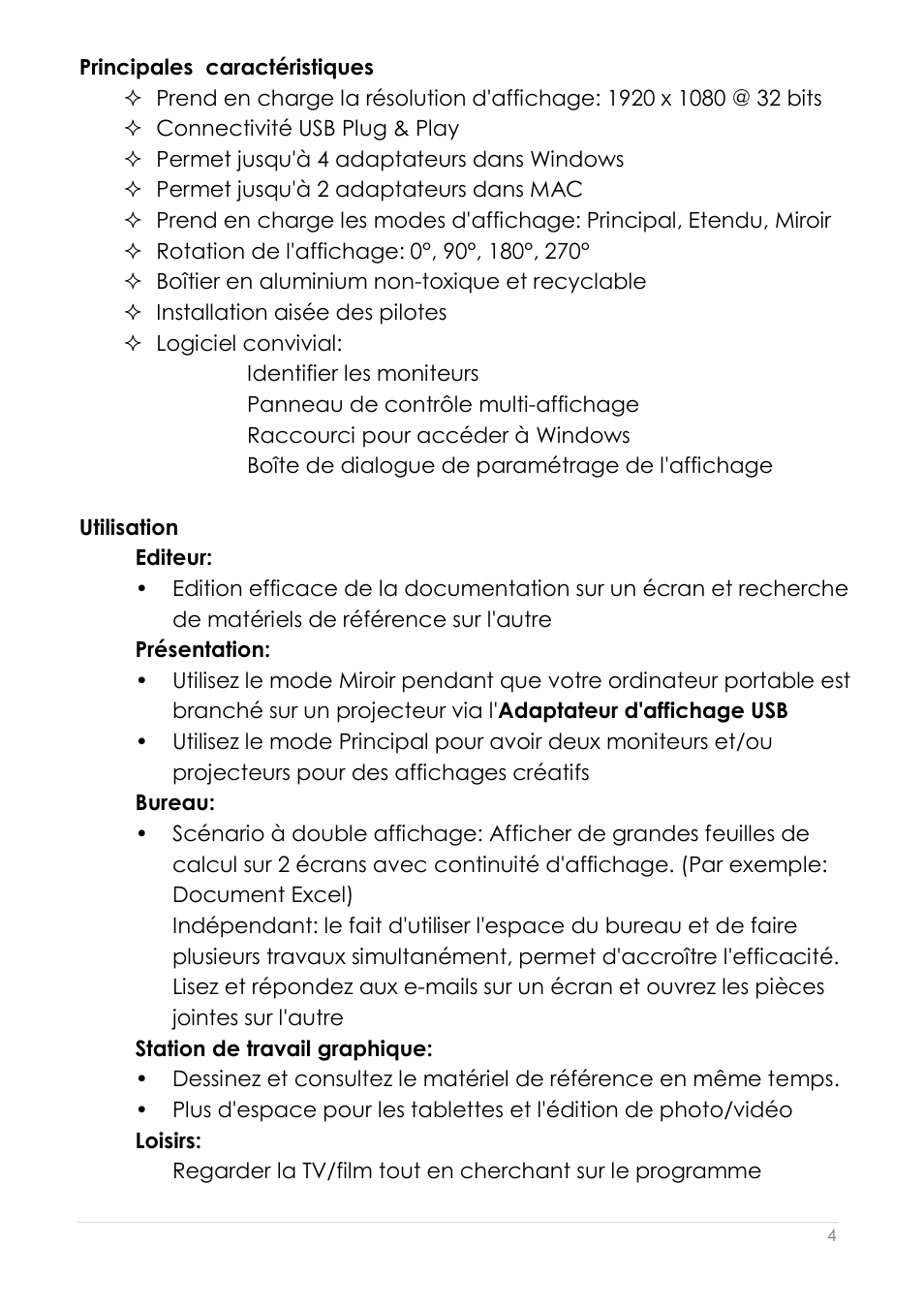 Principales caractéristiques | j5 create JUA210 - USB 2.0 VGA Display Adapter User Manual | Page 69 / 444