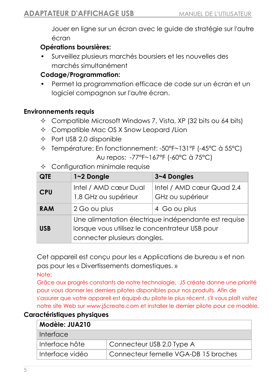 Environnements requis, Caractéristiques physiques, Adaptateur d'affichage usb | j5 create JUA210 - USB 2.0 VGA Display Adapter User Manual | Page 70 / 444