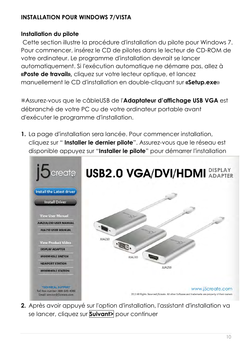 Installation pour windows 7/vista, Installation du pilote | j5 create JUA210 - USB 2.0 VGA Display Adapter User Manual | Page 75 / 444