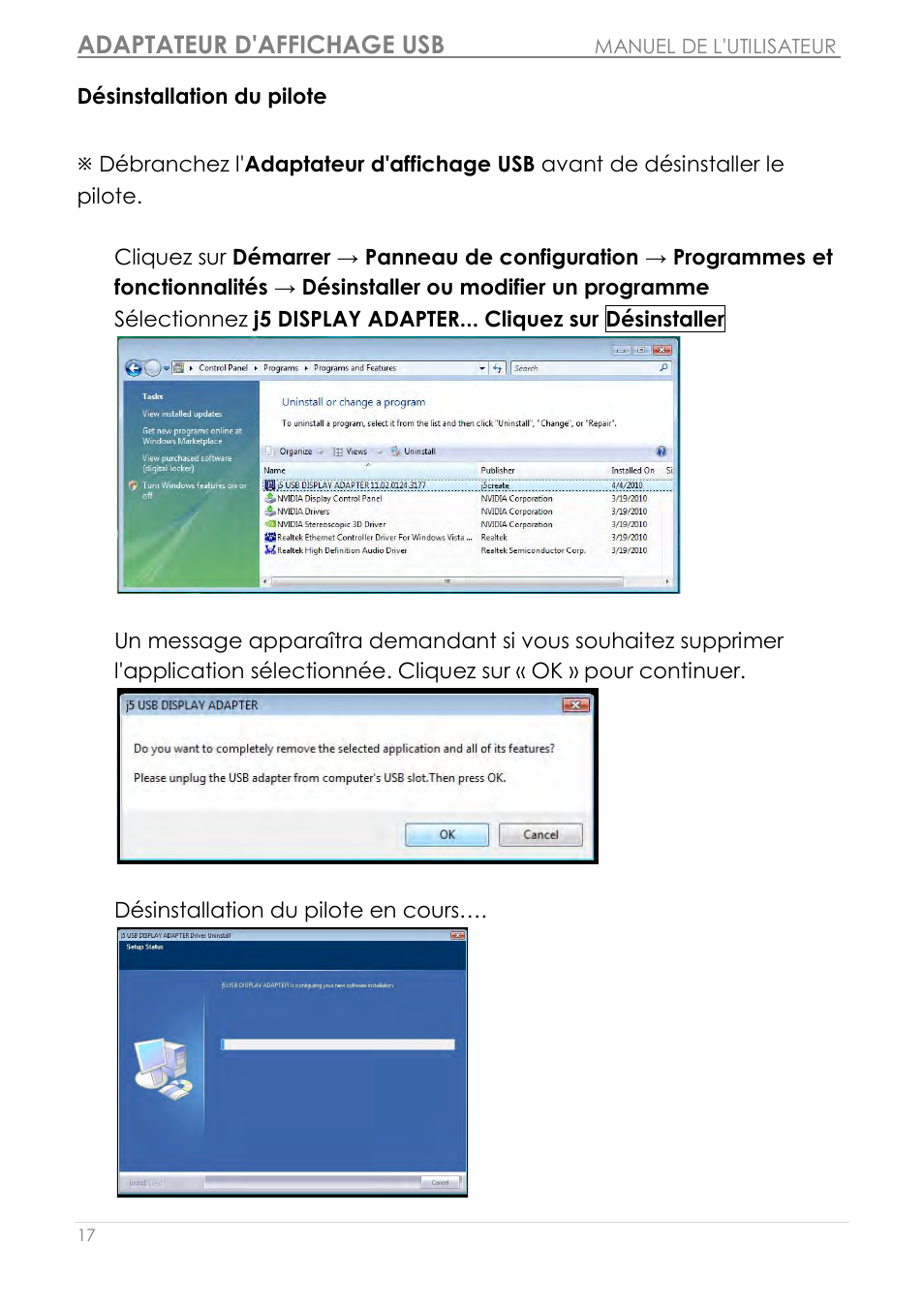 Désinstallation du pilote, Adaptateur d'affichage usb | j5 create JUA210 - USB 2.0 VGA Display Adapter User Manual | Page 82 / 444