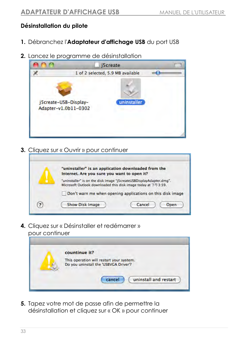 Désinstallation du pilote, Adaptateur d'affichage usb | j5 create JUA210 - USB 2.0 VGA Display Adapter User Manual | Page 98 / 444