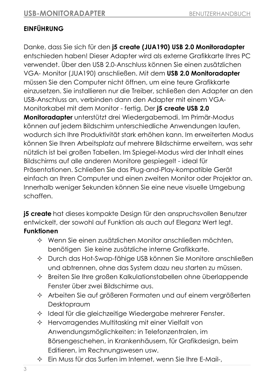 Einführung, Funktionen, Usb-monitoradapter | j5 create JUA190 - USB 2.0 VGA Display Adapter User Manual | Page 100 / 250