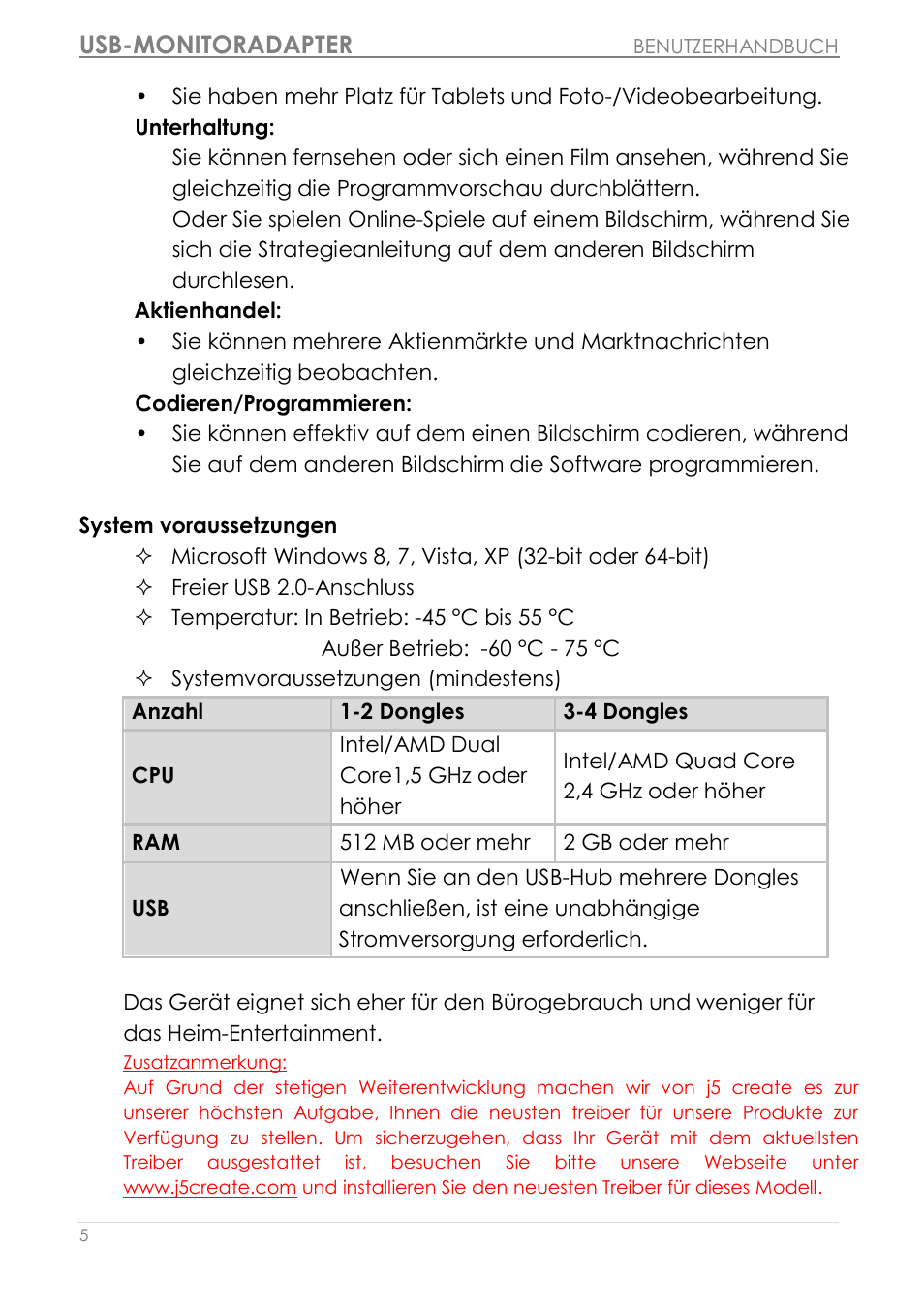 System voraussetzungen, Usb-monitoradapter | j5 create JUA190 - USB 2.0 VGA Display Adapter User Manual | Page 102 / 250