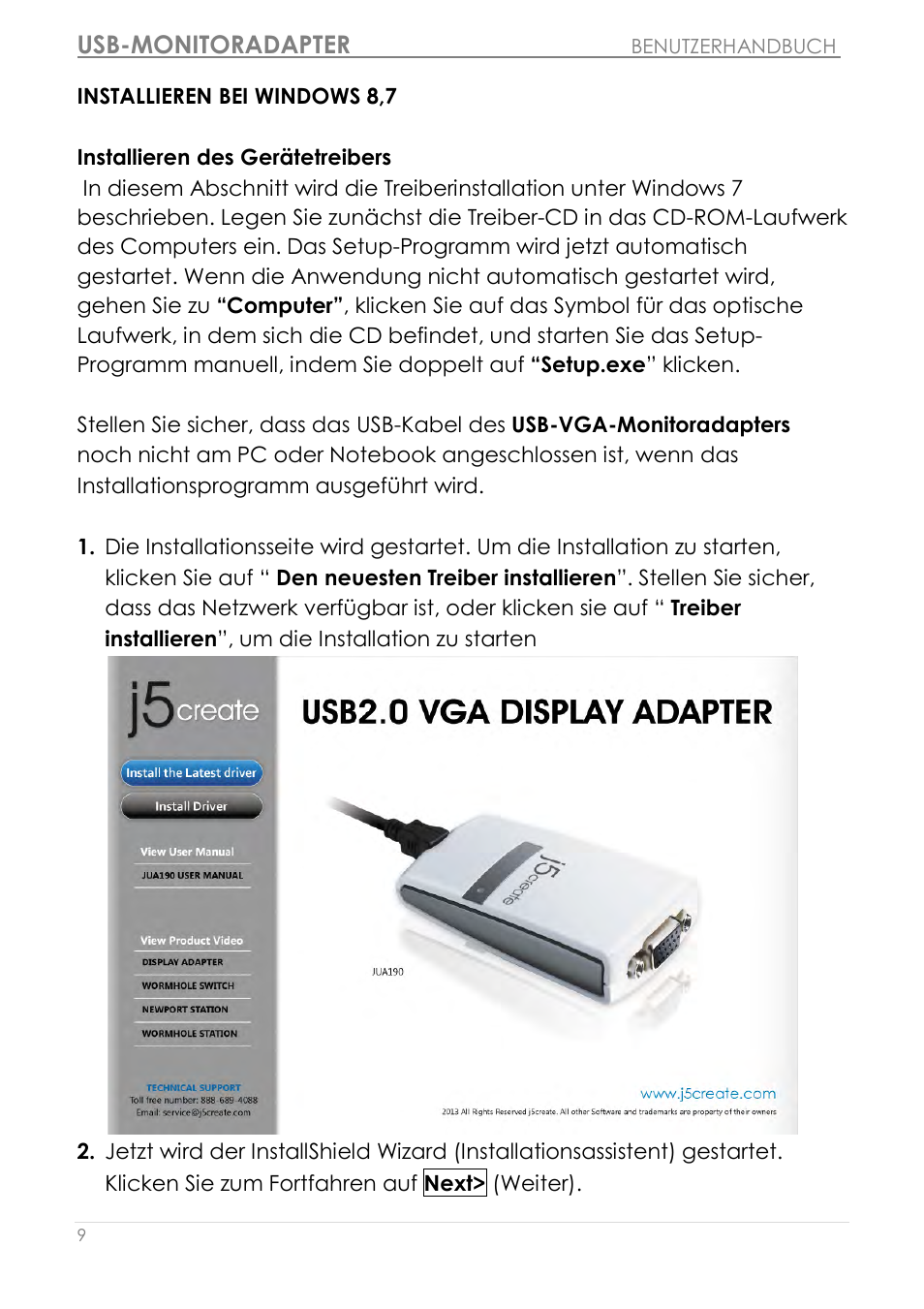 Installieren bei windows 8,7, Installieren des gerätetreibers, Installieren bei windows 8, 7 | Usb-monitoradapter | j5 create JUA190 - USB 2.0 VGA Display Adapter User Manual | Page 106 / 250