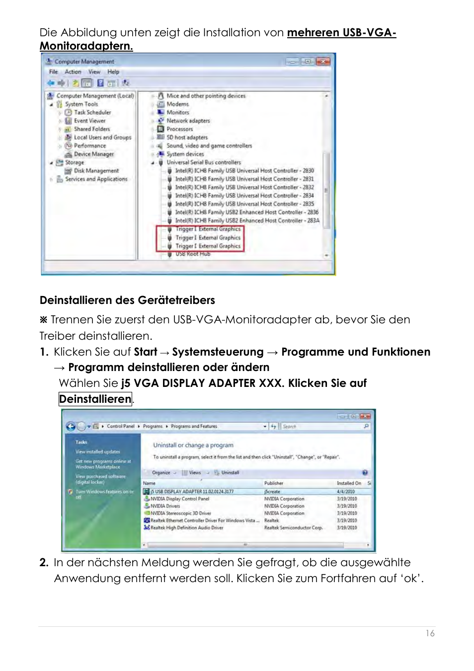 Deinstallieren des gerätetreibers | j5 create JUA190 - USB 2.0 VGA Display Adapter User Manual | Page 113 / 250