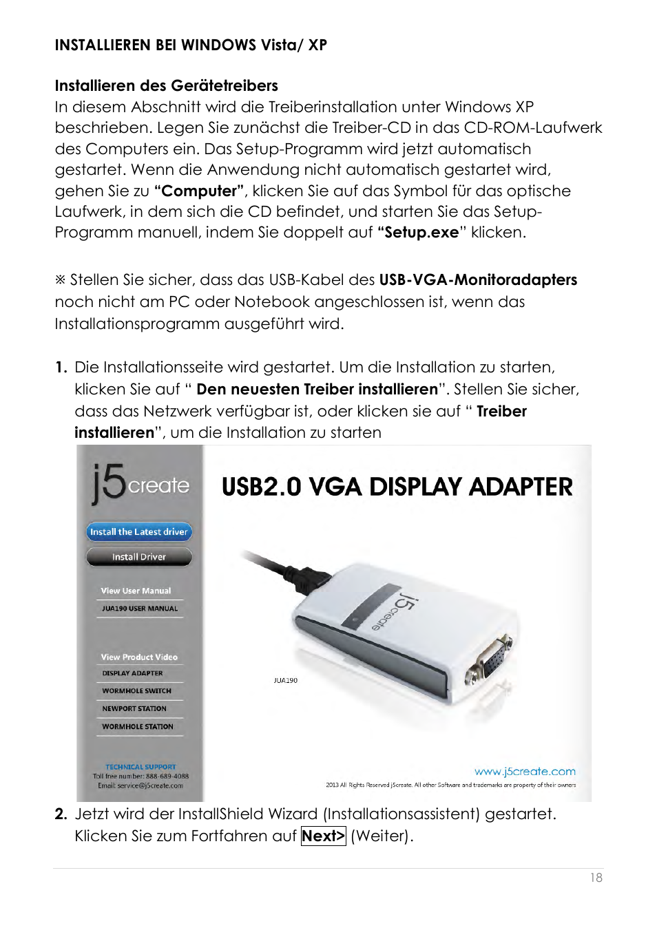 Installieren bei windows vista/ xp, Installieren des gerätetreibers | j5 create JUA190 - USB 2.0 VGA Display Adapter User Manual | Page 115 / 250