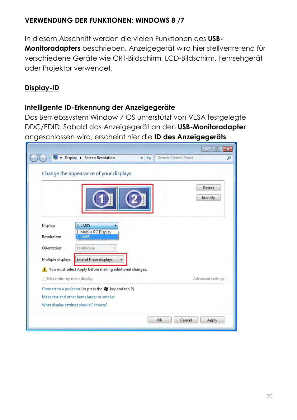 Verwendung der funktionen: windows 8 /7, Display-id, Bildschirmauflösung | j5 create JUA190 - USB 2.0 VGA Display Adapter User Manual | Page 127 / 250