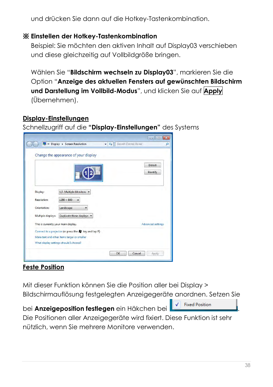 Display-einstellungen, Feste position | j5 create JUA190 - USB 2.0 VGA Display Adapter User Manual | Page 135 / 250