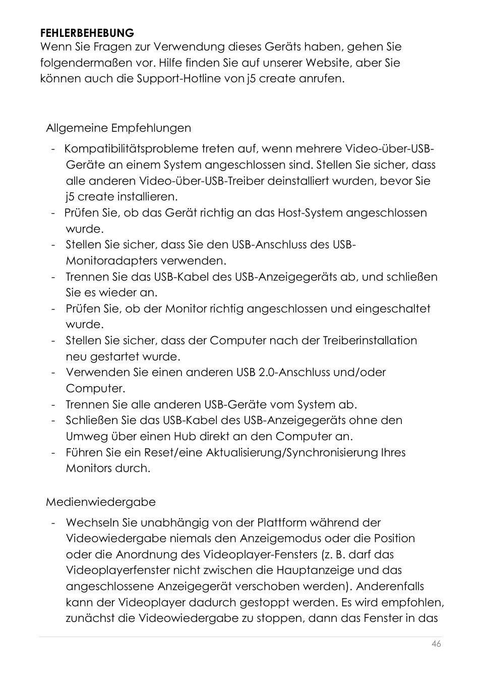 Fehlerbehebung, Allgemeine empfehlungen, Medienwiedergabe | j5 create JUA190 - USB 2.0 VGA Display Adapter User Manual | Page 143 / 250
