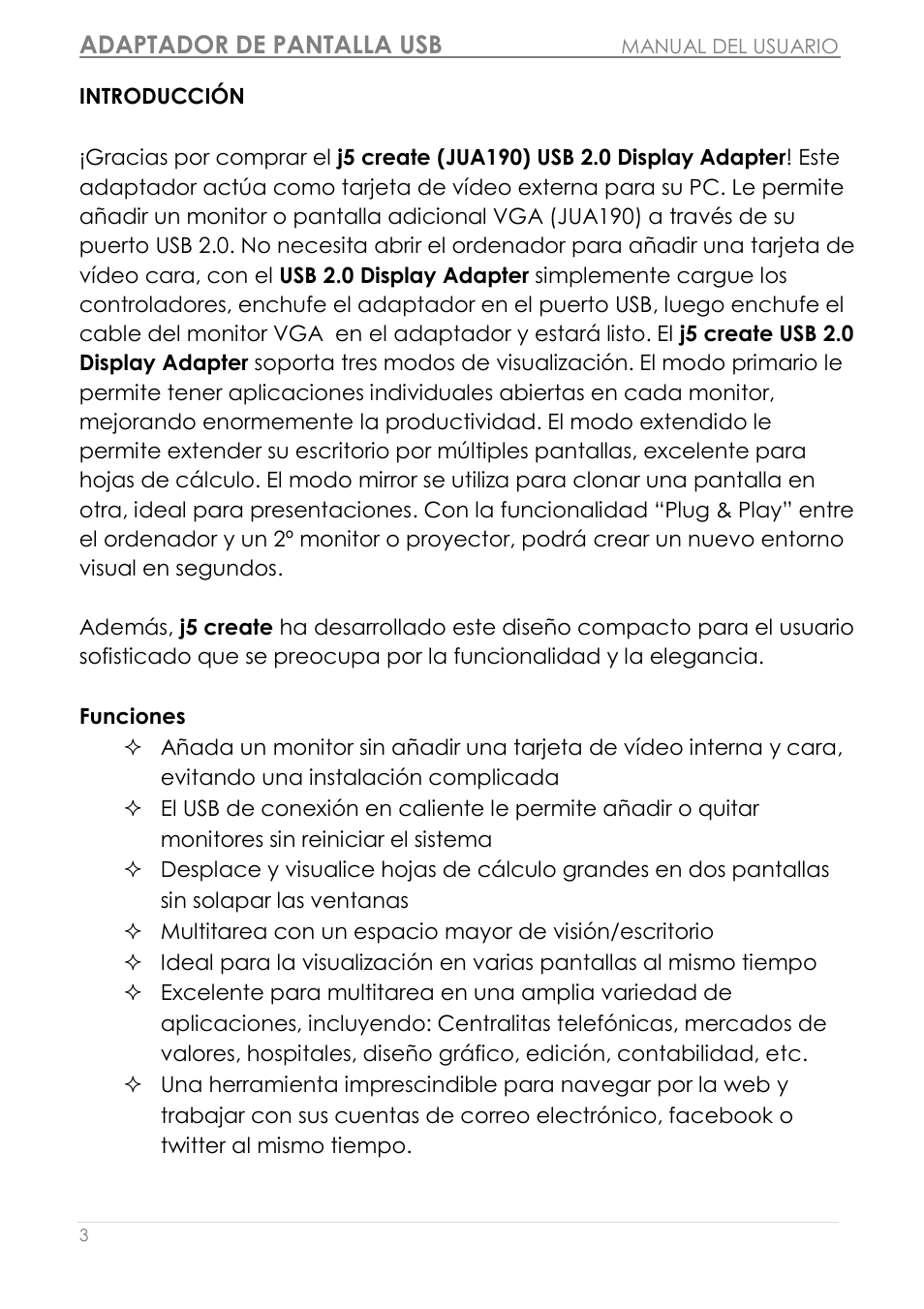 Introducció n, Funciones, Adaptador de pantalla usb | j5 create JUA190 - USB 2.0 VGA Display Adapter User Manual | Page 152 / 250