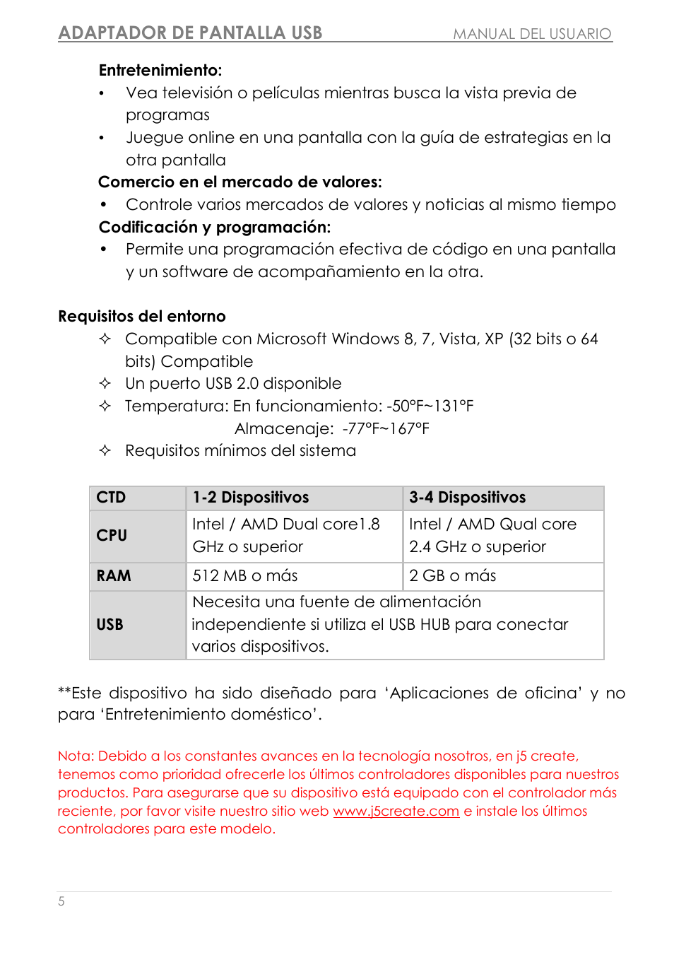 Requisitos del entorno especificaciones físicas, Adaptador de pantalla usb | j5 create JUA190 - USB 2.0 VGA Display Adapter User Manual | Page 154 / 250