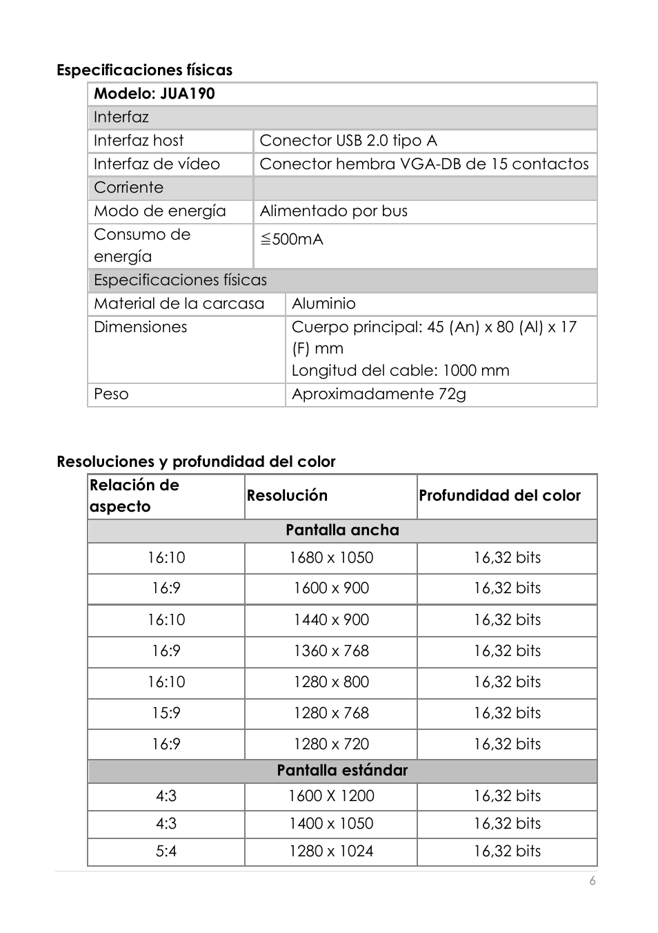 Resoluciones y profundidad del color | j5 create JUA190 - USB 2.0 VGA Display Adapter User Manual | Page 155 / 250
