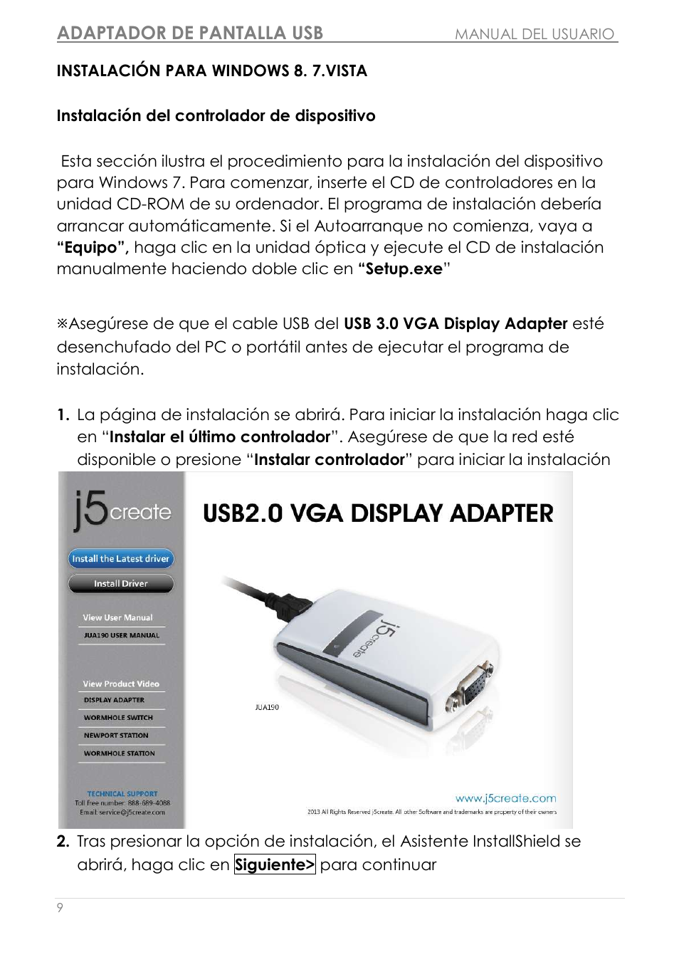 Instalació n para windows 8/ 7, Instalació n del controlador de dispositivo, Adaptador de pantalla usb | j5 create JUA190 - USB 2.0 VGA Display Adapter User Manual | Page 158 / 250