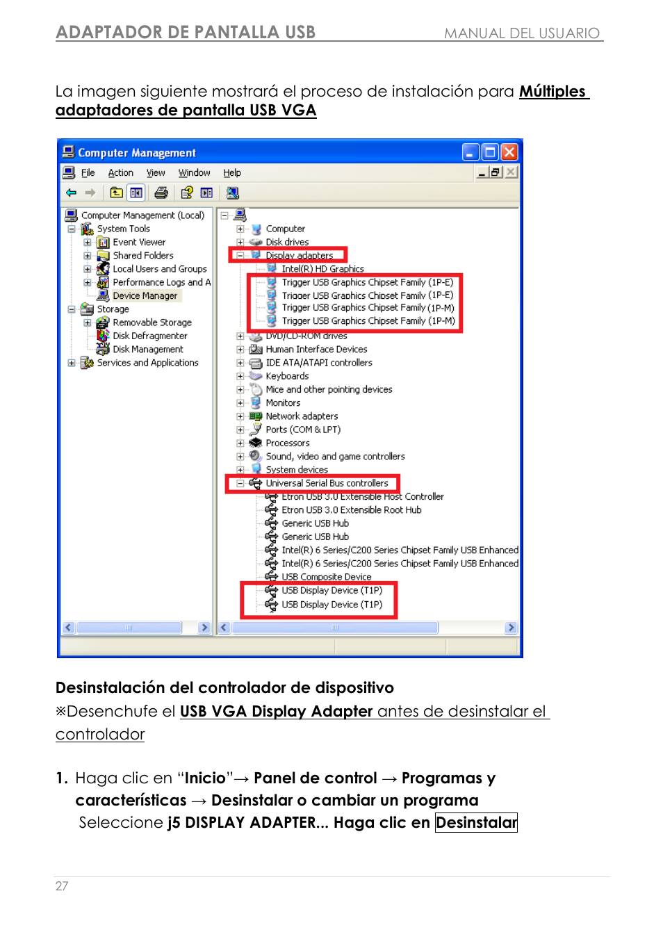 Desinstalació n del controlador de dispositivo, Adaptador de pantalla usb | j5 create JUA190 - USB 2.0 VGA Display Adapter User Manual | Page 176 / 250