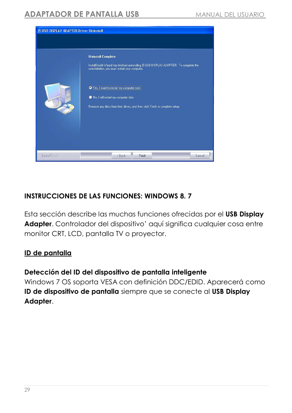 Instrucciones de las funciones: windows 8/7, Id de pantalla, Adaptador de pantalla usb | j5 create JUA190 - USB 2.0 VGA Display Adapter User Manual | Page 178 / 250