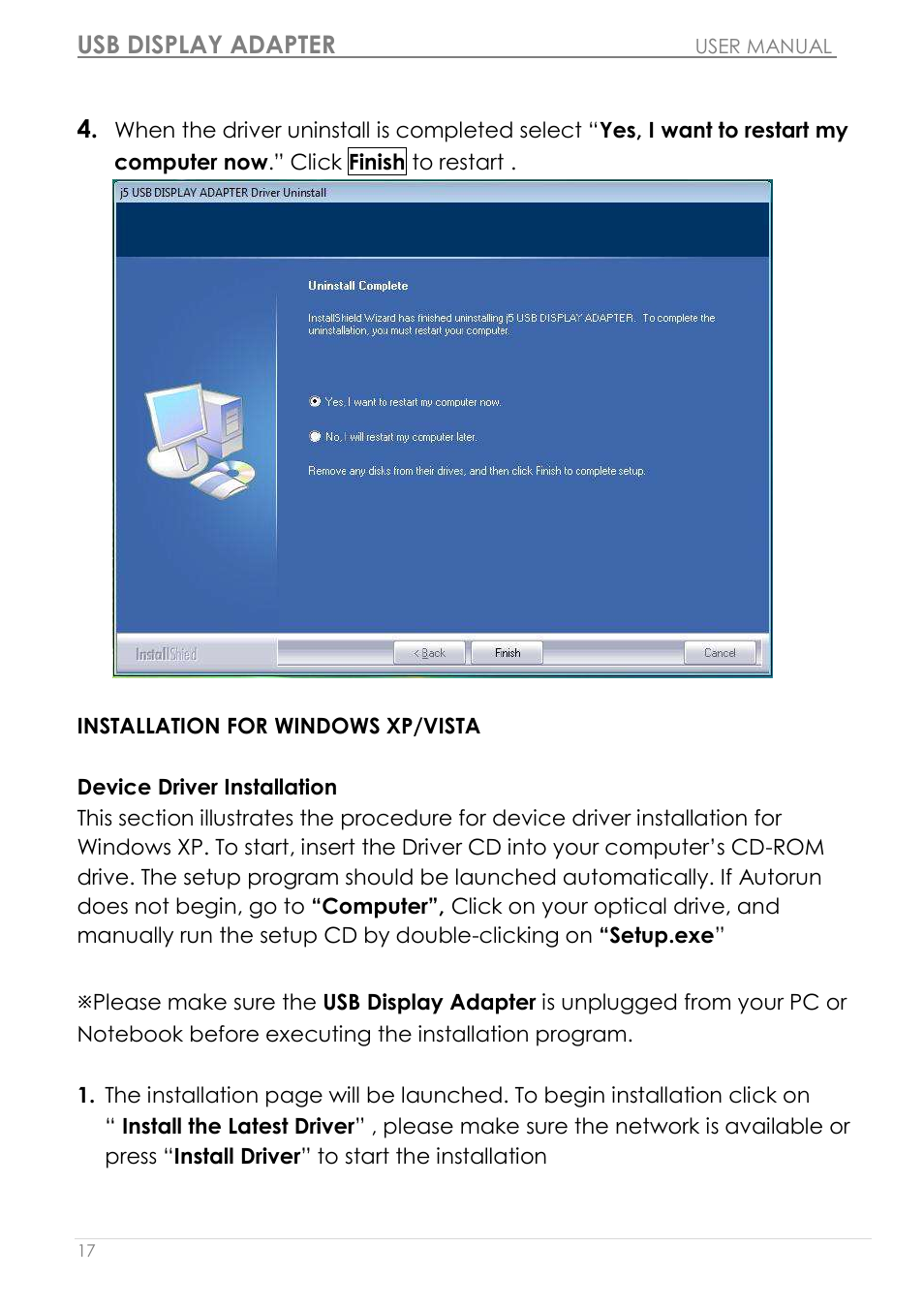 Installation for windows xp/vista, Device driver installation, Usb display adapter | j5 create JUA190 - USB 2.0 VGA Display Adapter User Manual | Page 18 / 250