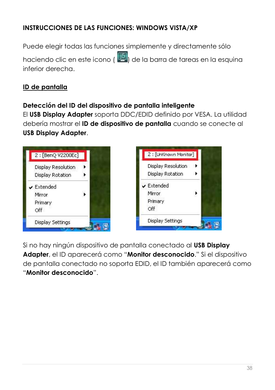 Instrucciones de las funciones: windows vista/xp, Id de pantalla | j5 create JUA190 - USB 2.0 VGA Display Adapter User Manual | Page 187 / 250