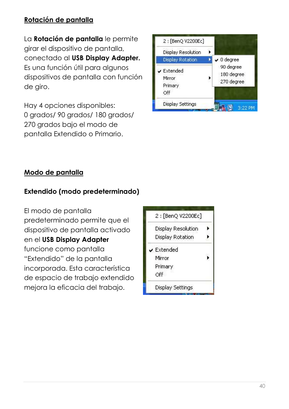 Rotació n de pantalla modo de pantalla | j5 create JUA190 - USB 2.0 VGA Display Adapter User Manual | Page 189 / 250