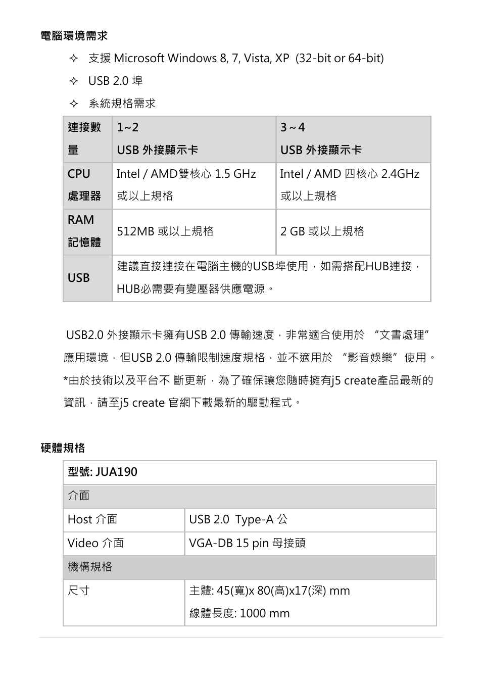 電腦環境需求, 硬體規格 | j5 create JUA190 - USB 2.0 VGA Display Adapter User Manual | Page 206 / 250