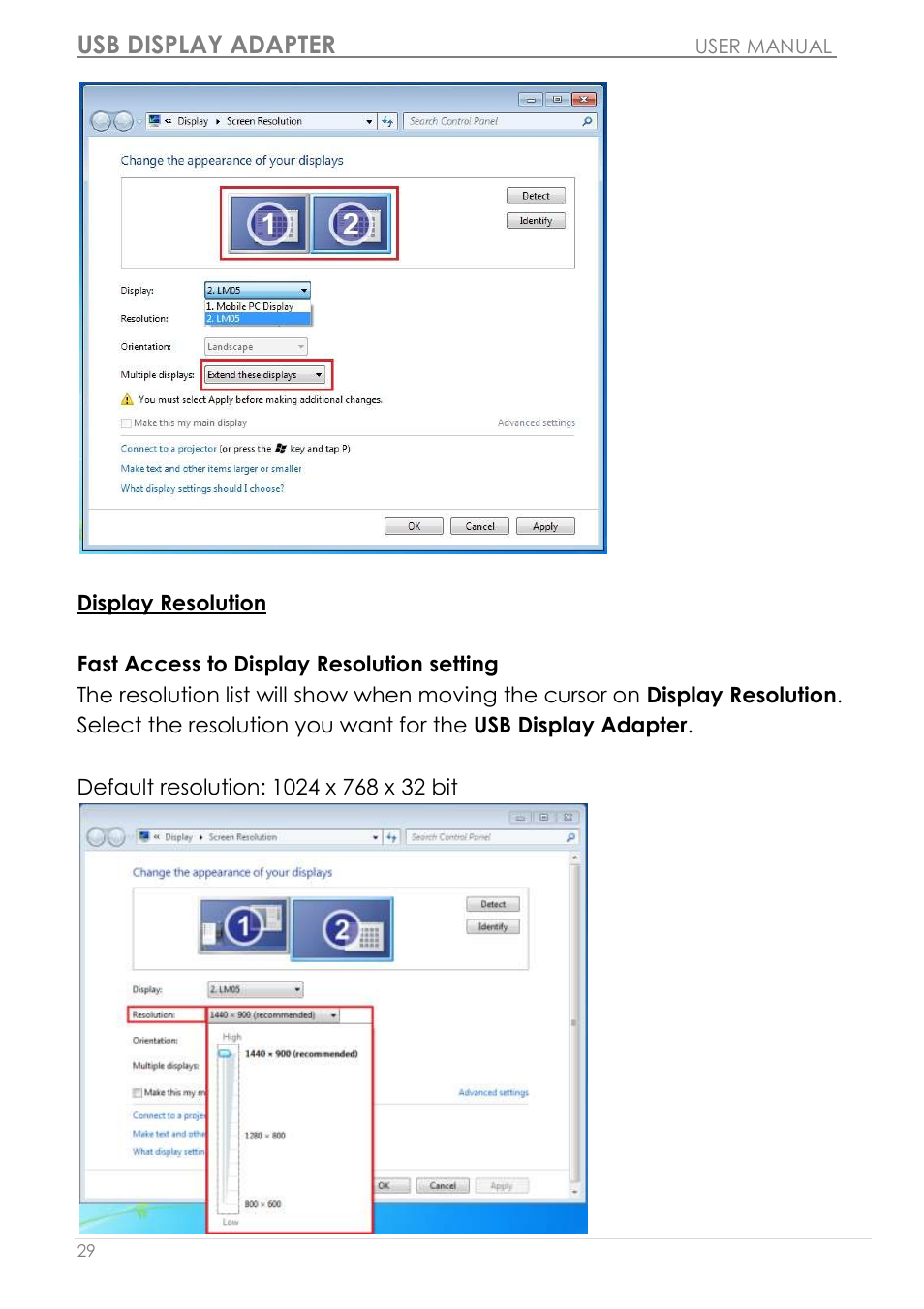 Display resolution, Usb display adapter | j5 create JUA190 - USB 2.0 VGA Display Adapter User Manual | Page 30 / 250