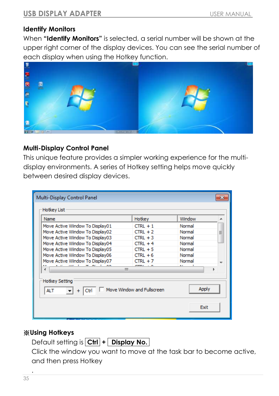 Identify monitors multi-display control panel, Usb display adapter | j5 create JUA190 - USB 2.0 VGA Display Adapter User Manual | Page 36 / 250