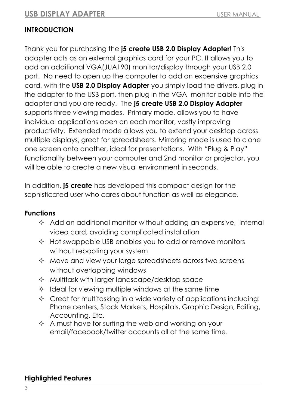 Introduction, Functions highlighted features, Usb display adapter | j5 create JUA190 - USB 2.0 VGA Display Adapter User Manual | Page 4 / 250