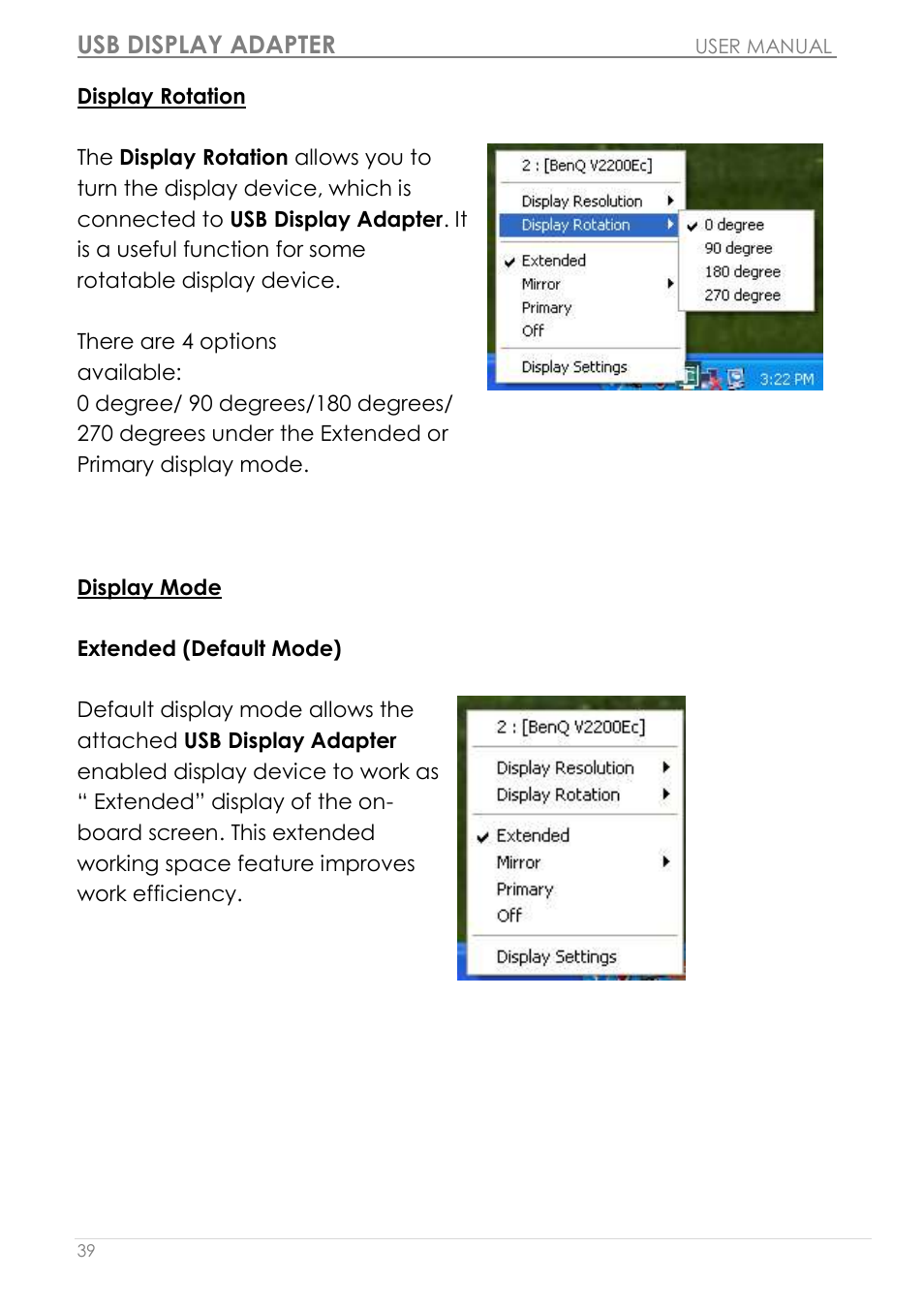 Display rotation display mode, Usb display adapter | j5 create JUA190 - USB 2.0 VGA Display Adapter User Manual | Page 40 / 250