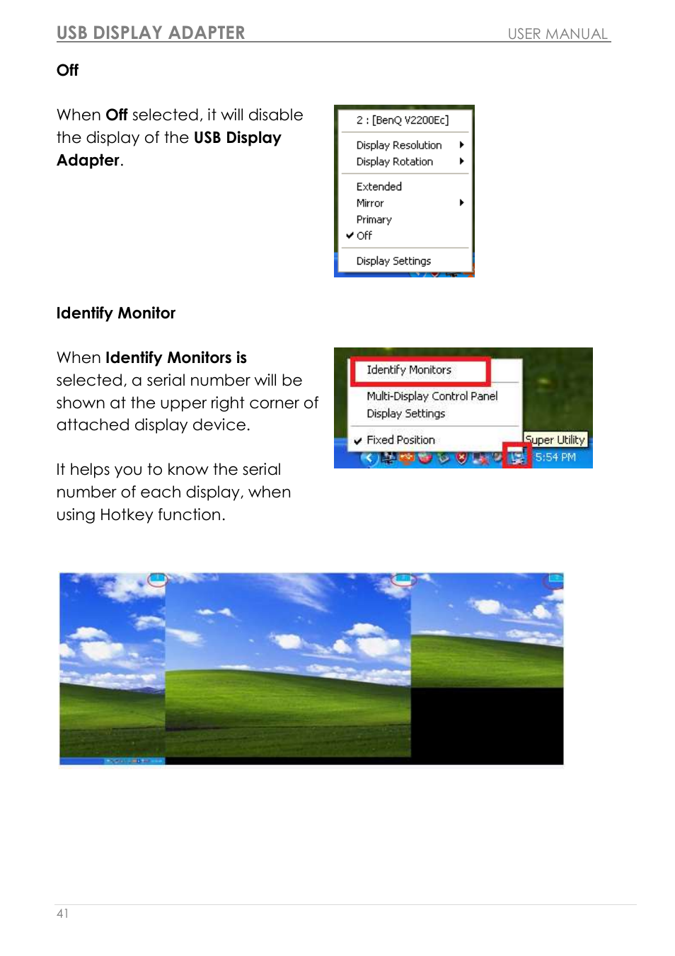Identify monitor, Usb display adapter | j5 create JUA190 - USB 2.0 VGA Display Adapter User Manual | Page 42 / 250