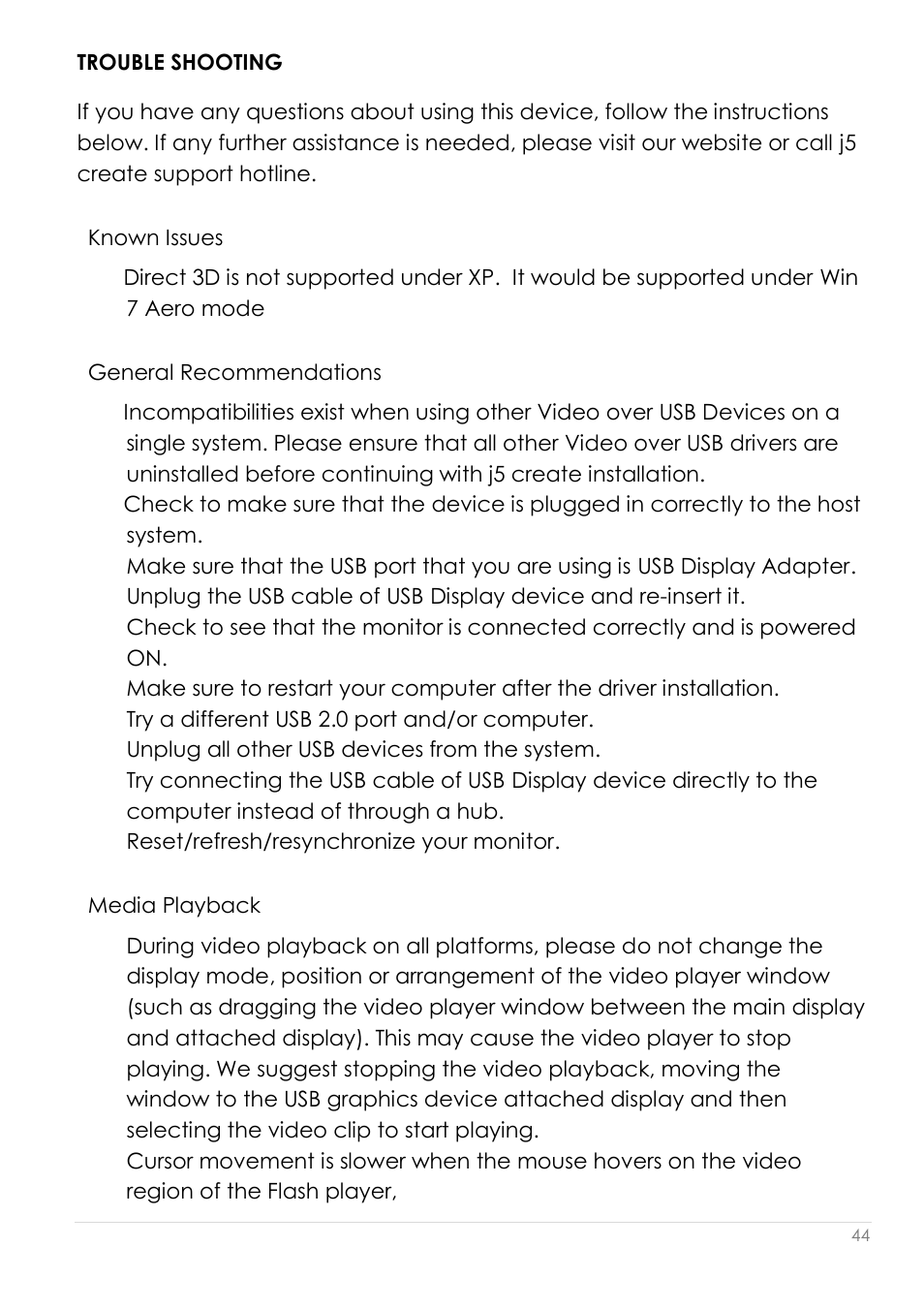 Trouble shooting | j5 create JUA190 - USB 2.0 VGA Display Adapter User Manual | Page 45 / 250