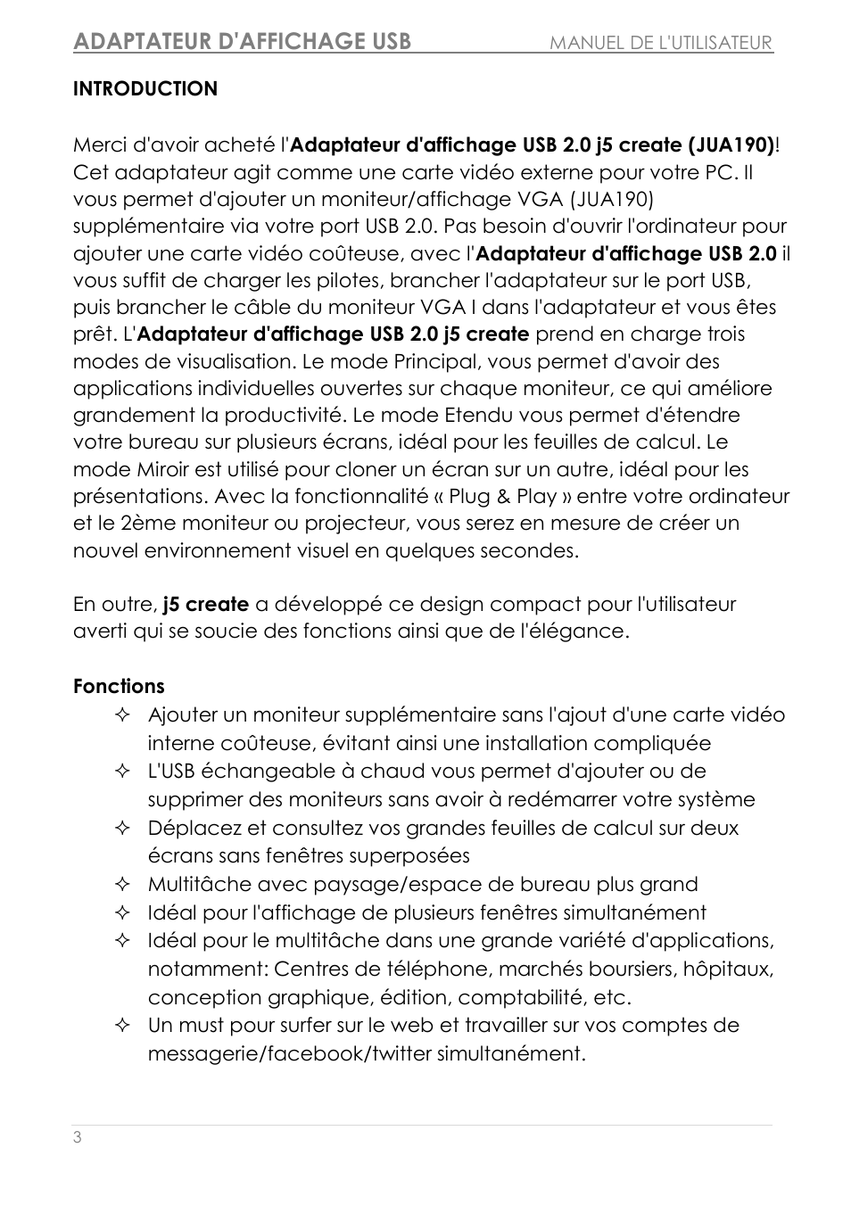 Introduction, Fonctions, Adaptateur d'affichage usb | j5 create JUA190 - USB 2.0 VGA Display Adapter User Manual | Page 52 / 250