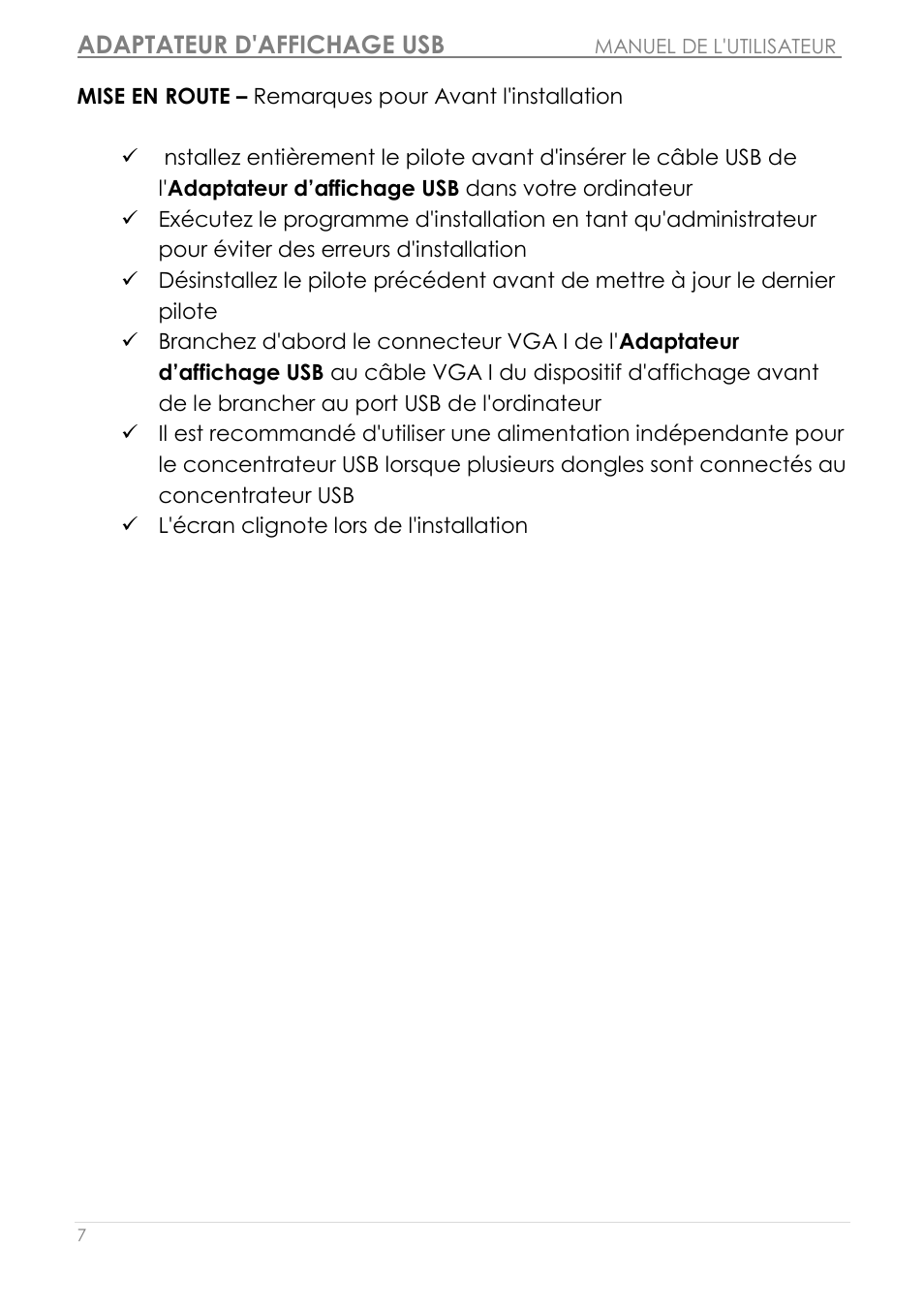 Mise en route, Remarques pour avant l'installation, Adaptateur d'affichage usb | j5 create JUA190 - USB 2.0 VGA Display Adapter User Manual | Page 56 / 250