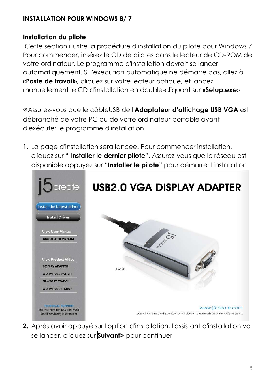 Installation pour windows 8/ 7/vista, Installation du pilote | j5 create JUA190 - USB 2.0 VGA Display Adapter User Manual | Page 57 / 250