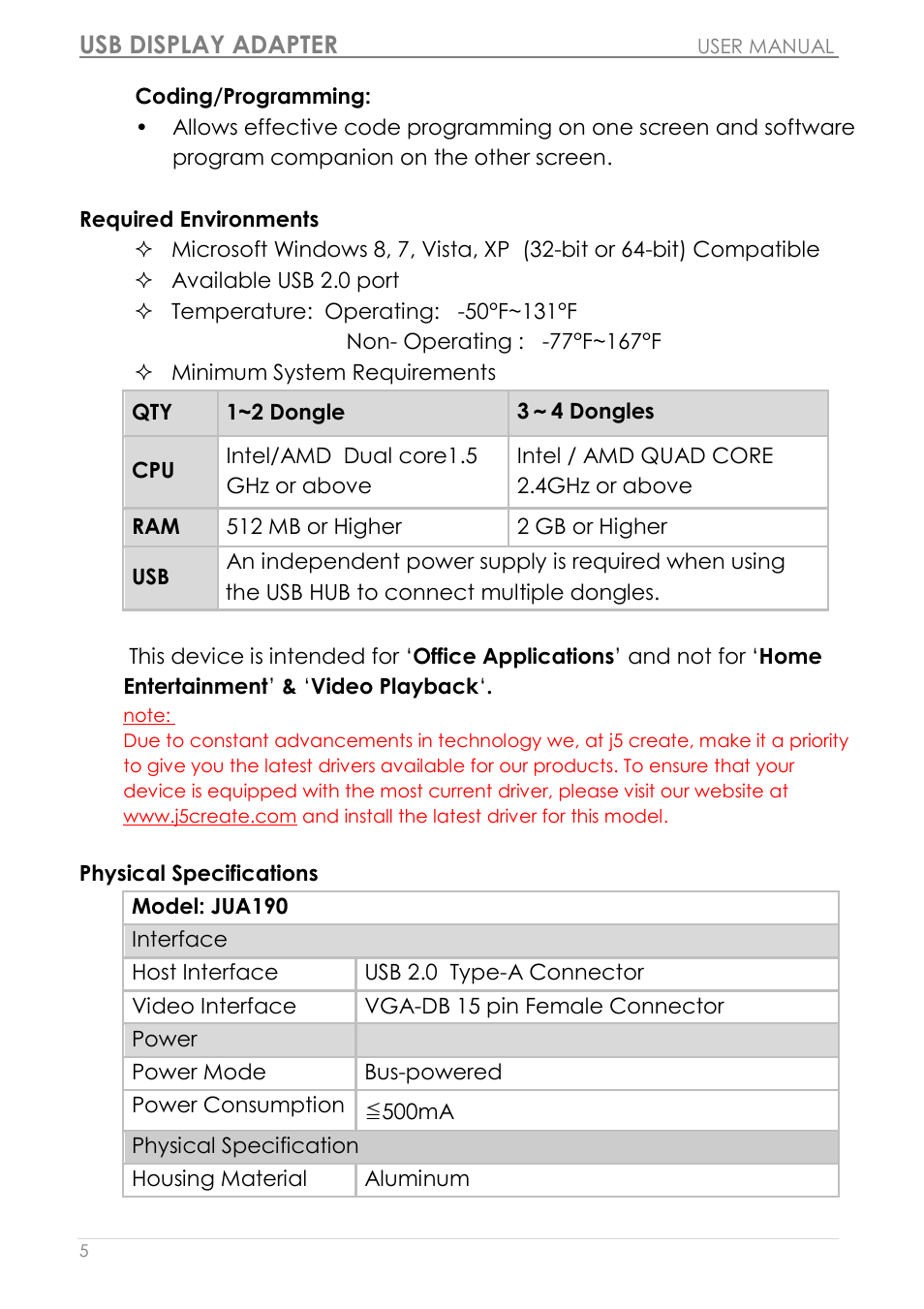 Required environments physical specifications, Usb display adapter | j5 create JUA190 - USB 2.0 VGA Display Adapter User Manual | Page 6 / 250