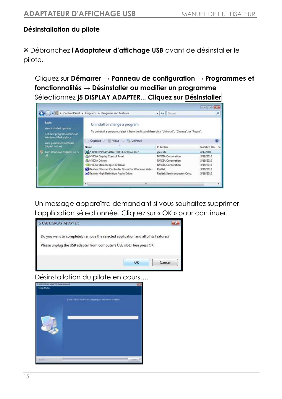 Dé sinstallation du pilote, Adaptateur d'affichage usb | j5 create JUA190 - USB 2.0 VGA Display Adapter User Manual | Page 64 / 250