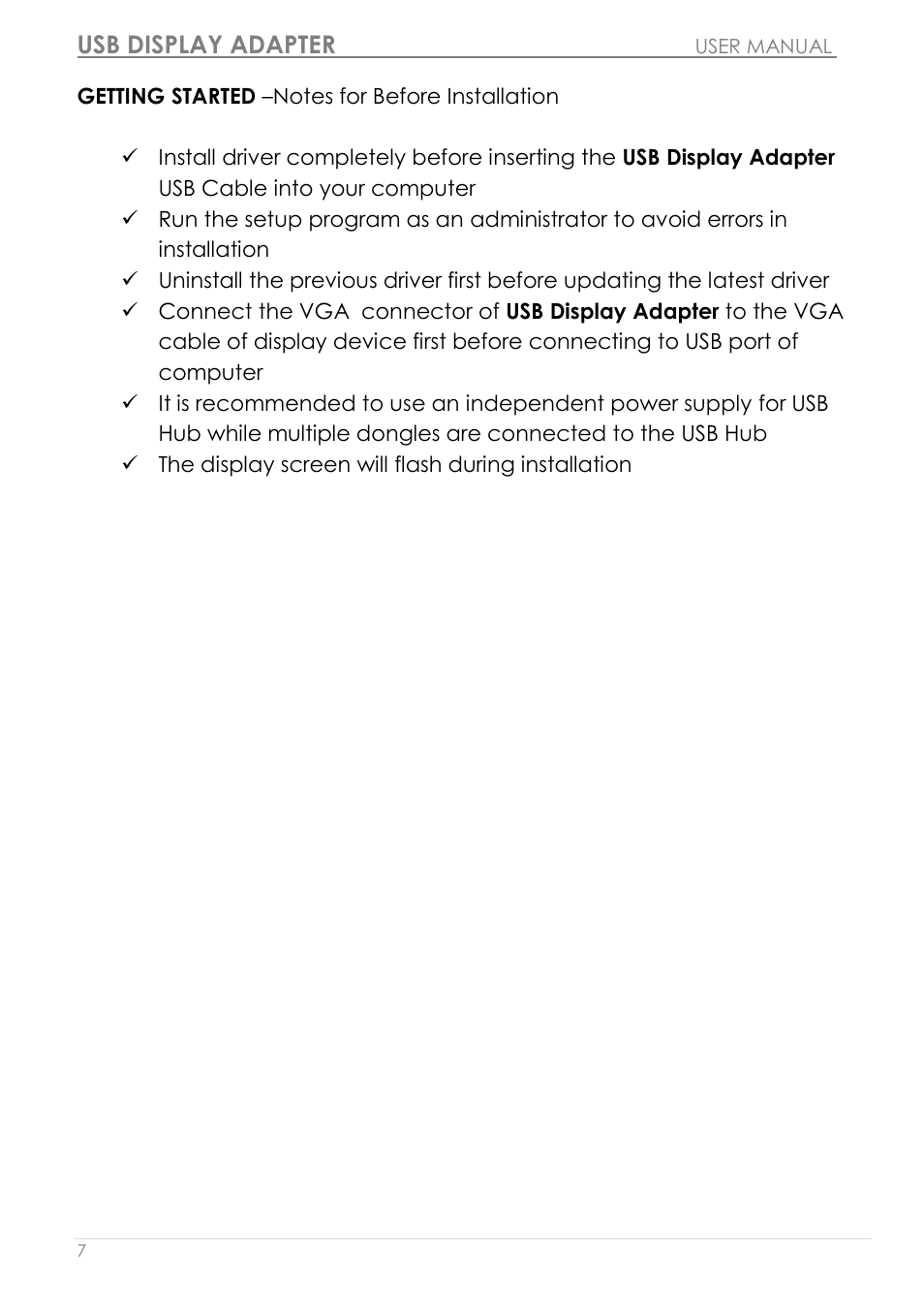 Getting started –notes for before installation, Usb display adapter | j5 create JUA190 - USB 2.0 VGA Display Adapter User Manual | Page 8 / 250