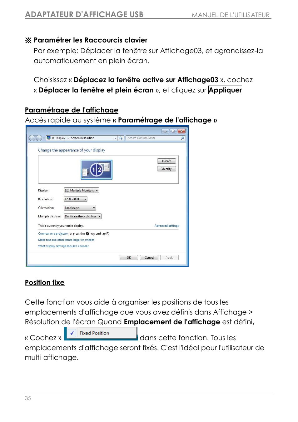 Paramé trage de l'affichage position fixe, Adaptateur d'affichage usb | j5 create JUA190 - USB 2.0 VGA Display Adapter User Manual | Page 84 / 250