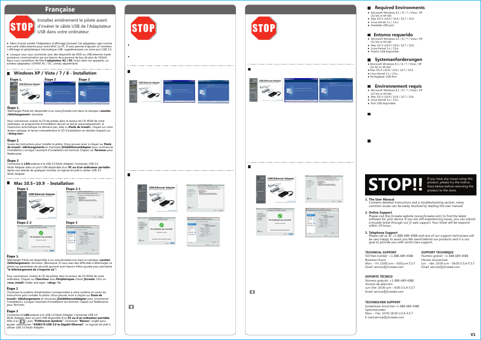 Stop, Française, Required environments | Systemanforderungen, Environnement requis, Entorno requerido | j5 create JUH470 USB 3.0 Gigabit Ethernet & 3-Port HUB User Manual | Page 2 / 2